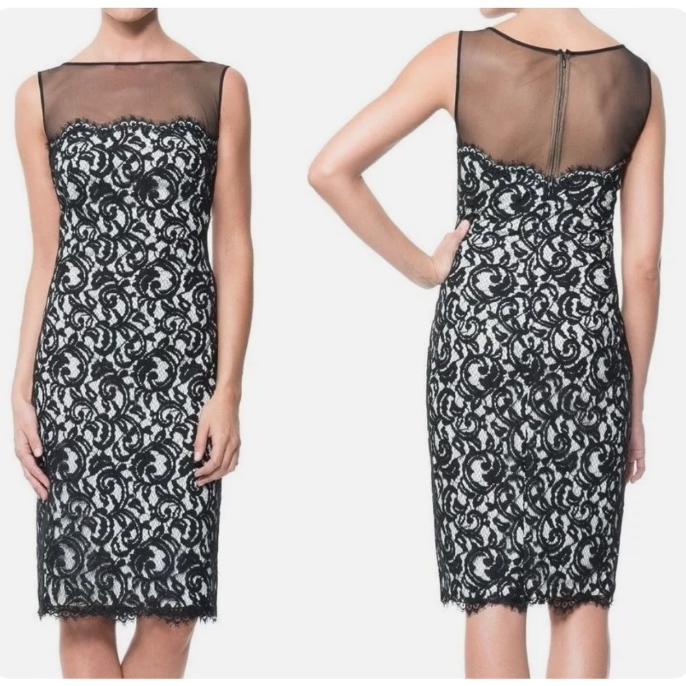 Tadashi Shoji Navy Blue and White Lace Illusion Sleeveless Cocktail Dress Size 6 - Picture 4 of 14